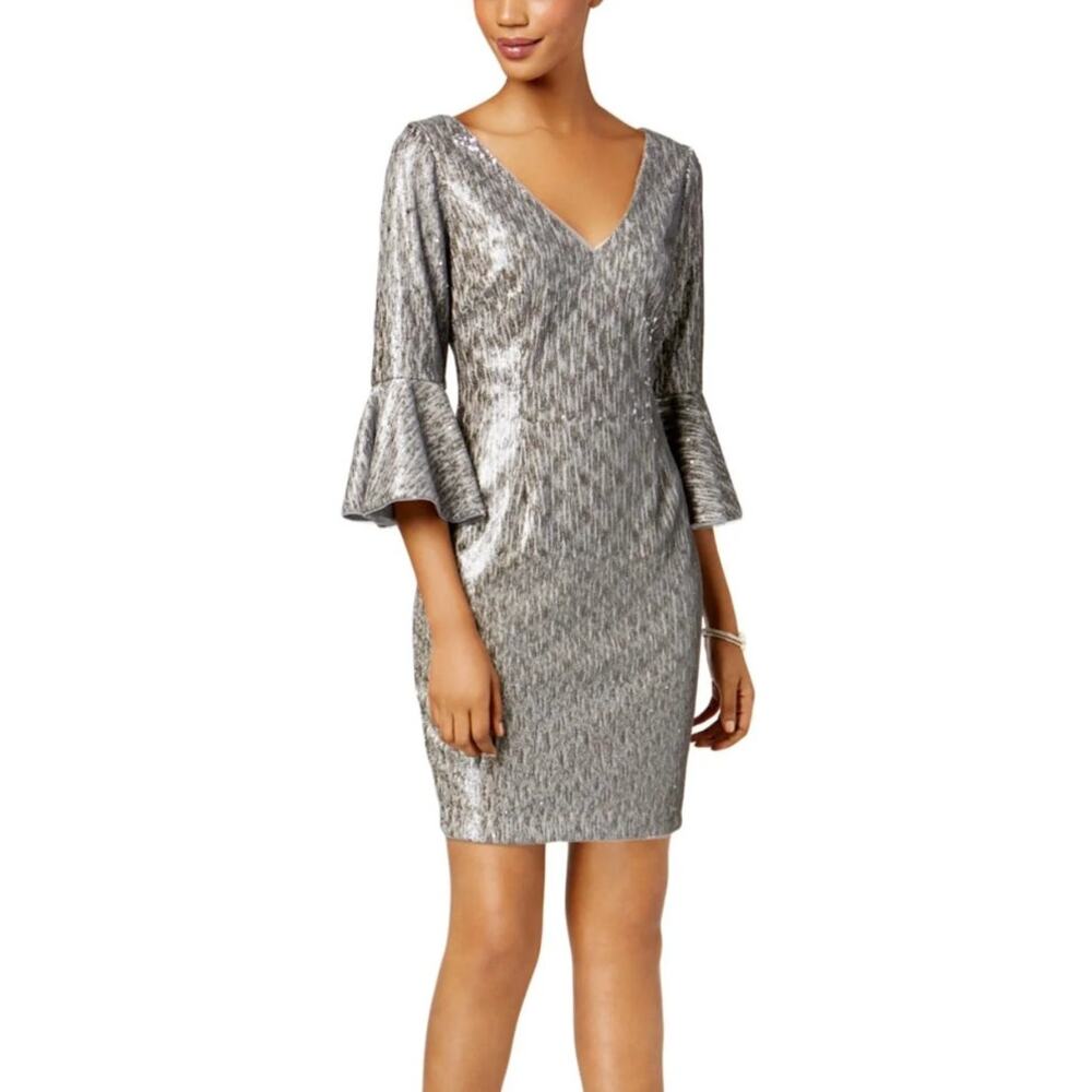 Adrianna Papell Sequin Bell Sleeve Dress Silver Petite Size 4P